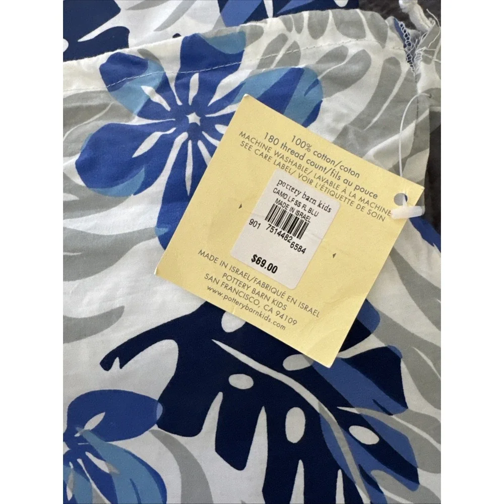 POTTERY BARN PB KIDS Full Flat Sheet Camouflage Blue Tropical Leaf Cotton NEW‎